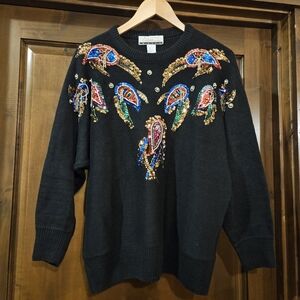 Vintage Diana Marco 80s Sequin Beaded Paisley Sweater M/L